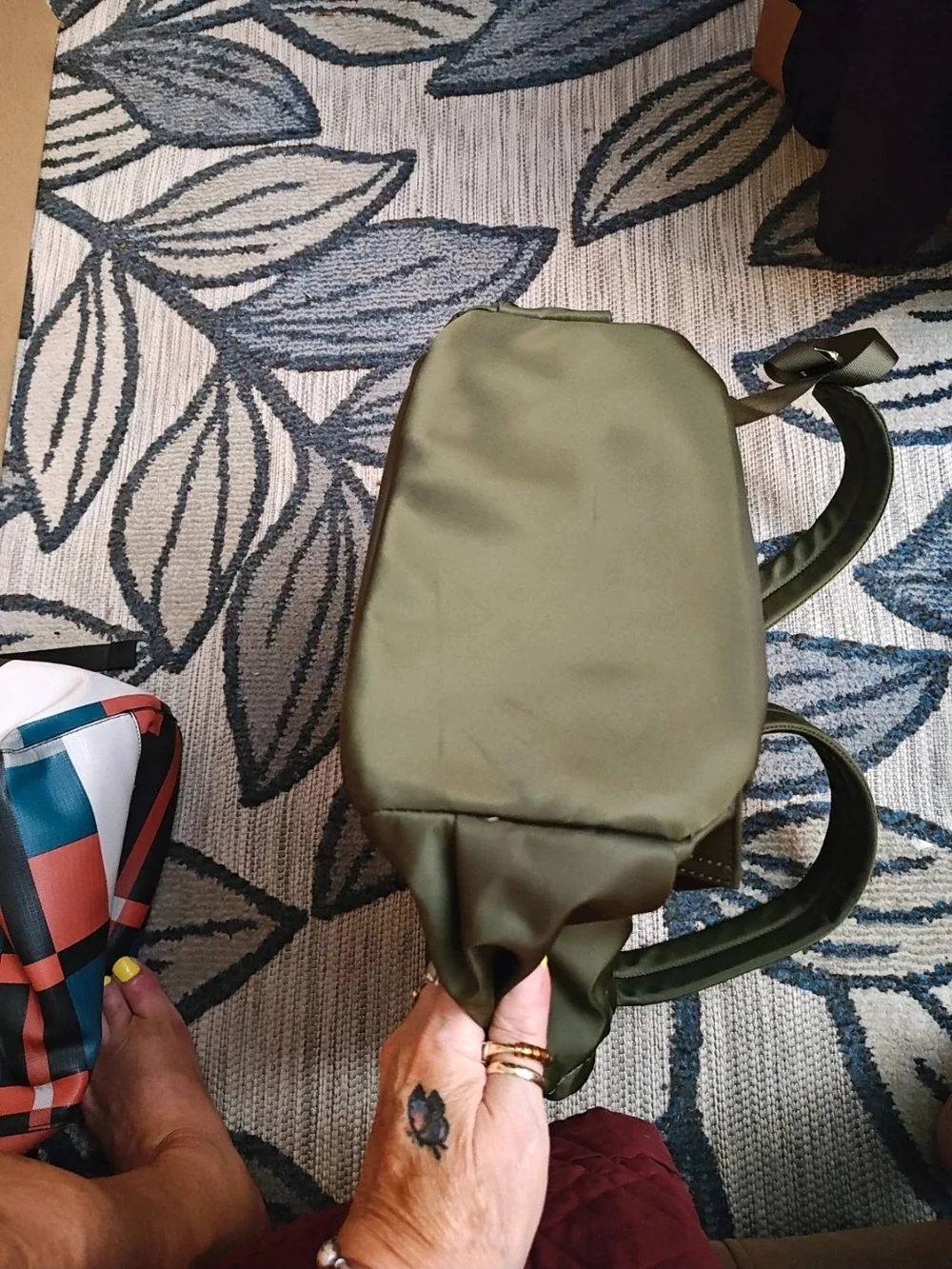 Rachel Zoe Green Backpack with Gold Logo Plaque